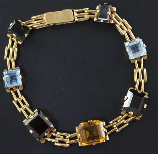 A Brazilian gold and gem set bracelet, 6.75in.